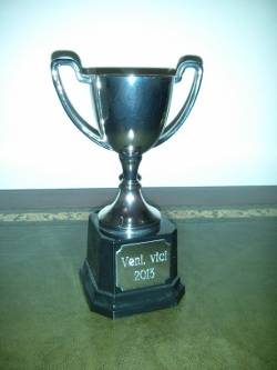 amazing orgasm competition trophy, bearing the legend 'veni, vici 2013'
