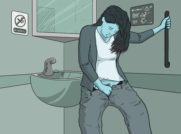 Woman with her jeans pulled slightly down, holding on to a bar in a train toilet and masturbating. Wanking on the train, she looks like she's just about to orgasm