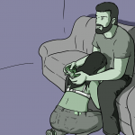 Guy with a look of concentration on his face plays Xbox while a woman kneels between his legs trying to distract him from the game by sucking his cock - the xbox blow job