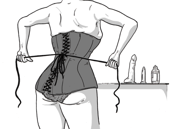 Woman practicing self bondage with a corset - illustration of back of corset with strings being pulled tight
