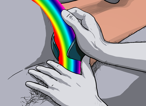 Hands using PULSE III by Hot Octopuss wrapped round a rainbow that is covering someone's cock