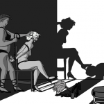 BDSM switching - one person is tied in a chair in bondage while another shoves her head forward. The shadow in the background shows the same scene but switched around