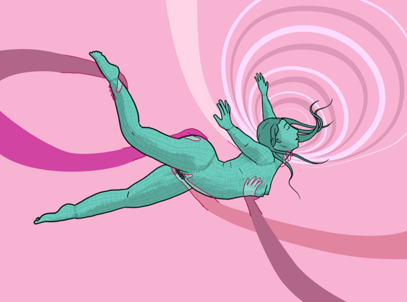Woman suspended in mid-air in dreamy state, with long arms holding and touching her naked body and a swirly hypnotic pattern in the background - to sum up the dreamy feeling of anaesthetic sex