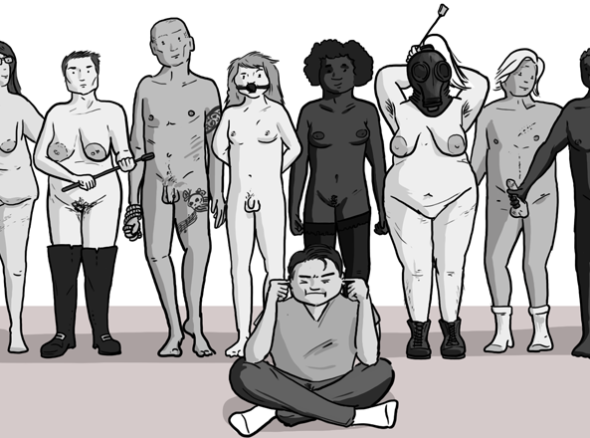 Group of naked people of varying body types stand behind someone who has put their fingers in their ears and sat on the floor, trying to ignore the naked people