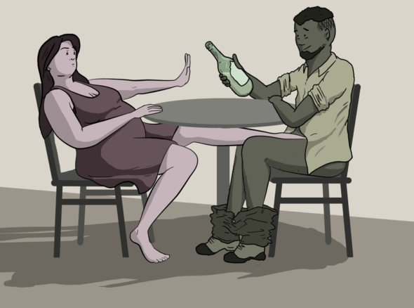 woman sits across the table from a man, showing him the hand as if to say 'no' while he looks at the wine bottle