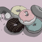 picture of half a dozen donuts with different coloured icing