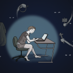 person sits at desk on laptop in a spotlight while in the dark around them mean people loom large