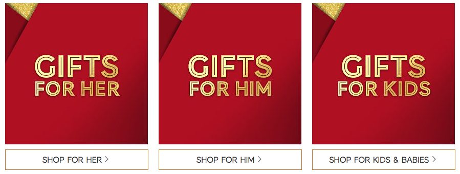 Marks and Spencer website screenshot showing christmas gifts for him, gifts for her and gifts for kids