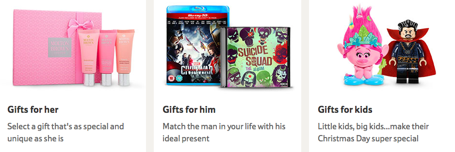 Tesco screenshot showing gifts for her gifts for him gifts for kids