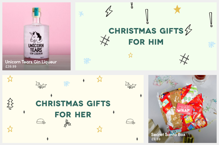 Screenshot of Firebox website which shows gifts listed 'for him' and 'for her'