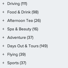 driving (111) food + drink (98) afternoon tea (26) spa and beauty (16) adventure (37) days out and tours (149) flying (39) sports (37)