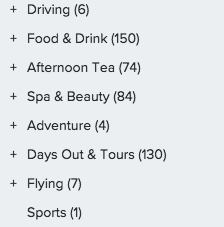 driving (6) food + drink (150) afternoon tea (74) spa and beauty (84) adventure (4) days out + tours (130) flying (7) sports (1)