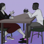 two people sitting at a table drinking wine, one of them is reaching her foot out to play footsie with the guy opposite