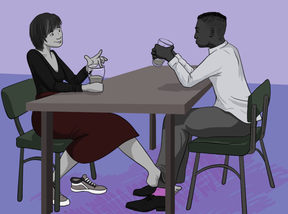 two people sitting at a table drinking wine, one of them is reaching her foot out to play footsie with the guy opposite