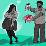 A guy giving a girl unique valentine's day gifts - pizza and beer tied in a bow