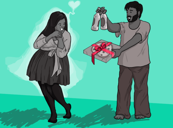 A guy giving a girl unique valentine's day gifts - pizza and beer tied in a bow