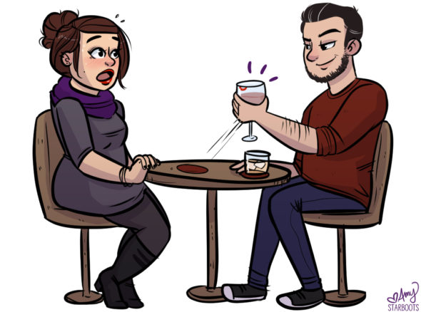 two people sitting opposite each other, the man is stealing the woman's drink