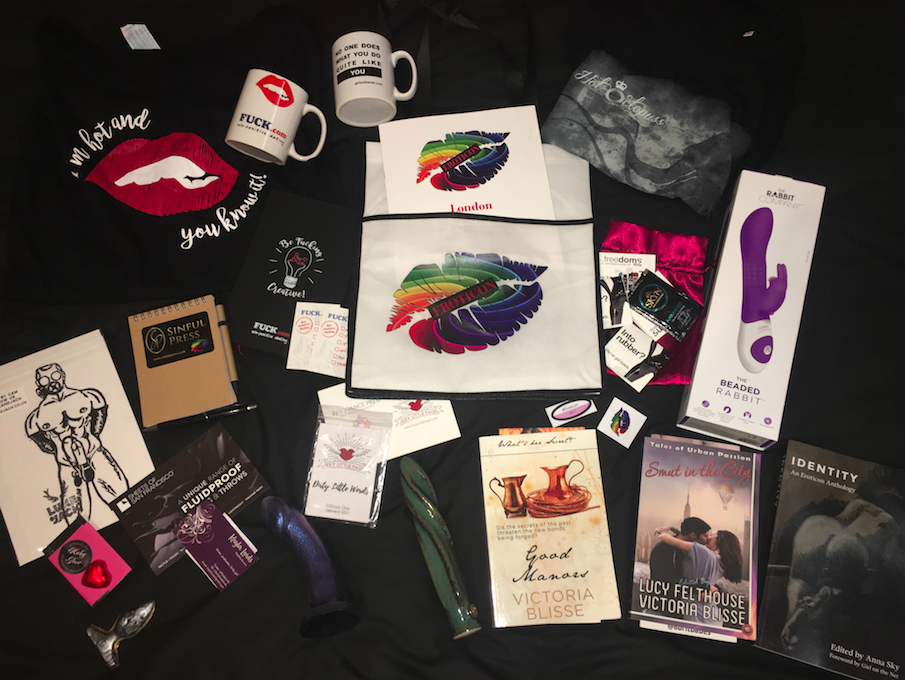 A picture of lots of goodies brought home from Eroticon 2017 (detailed info below image)