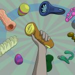 a selection of fleshlights, masturbation sheaths, prostate toys and other sex toys for men with one held aloft triumphantly