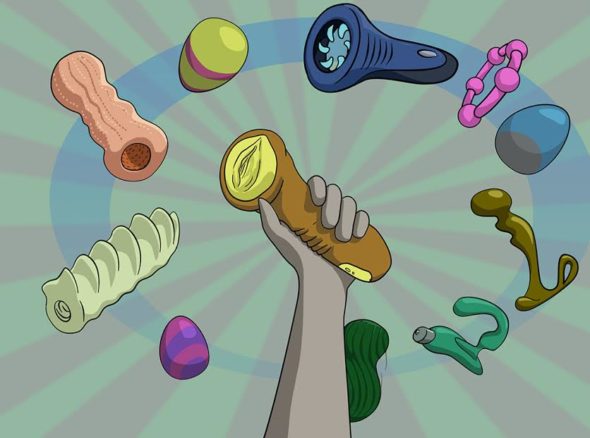 a selection of fleshlights, masturbation sheaths, prostate toys and other sex toys for men with one held aloft triumphantly