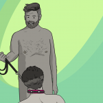 Naked guy standing over a kneeling guy. Kneeling guy is wearing a collar and standing guy is holding the leash with a big grin on his face.