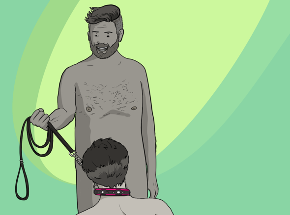 Naked guy standing over a kneeling guy. Kneeling guy is wearing a collar and standing guy is holding the leash with a big grin on his face.