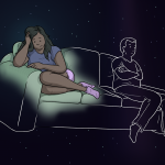 girl sitting on a sofa, with a guy sitting at the other end. they are facing away from each other and the guy is distant - drawn just in lines as opposed to her in full colour. The background fades away to show a starry sky. I miss you