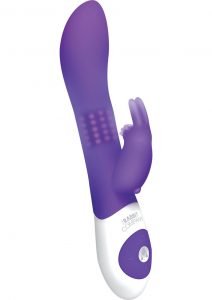 Picture of a purple rabbit vibrator with a textured clitoral stimulator and beads at the neck