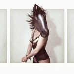 Three frames of a woman in underwear wearing a horse's head, in three different poses