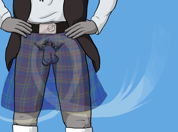 picture of a guy wearing a kilt, and the kilt is slightly transparent so you can see that he is going commando