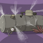picture of a steam-powered machine shaped like a cylinder, with jets of steam hissing out of it as if it is about to explode. A hand gently caresses the machine as if to control it