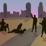 a group of people in silhouette having a gang bang and partying in the desert. In the background the ruins of a city are visible against the skyline