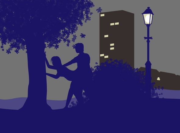 two people fucking outdoors against a tree, their bodies silhouetted against a high-rise block of flats and a lamp-post in the background