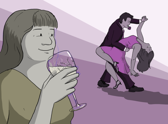 Woman smiling and drinking wine while her partner dances with someone else