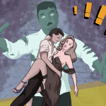 man holds woman in his arms, and behind them a zombie version of the man shuffles forward - in the style of a pulp halloween story