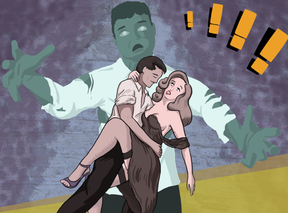 man holds woman in his arms, and behind them a zombie version of the man shuffles forward - in the style of a pulp halloween story