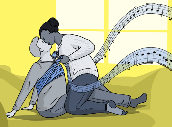 two people grinding on the sofa, girl on top wearing jumper is using a ribbon of musical notes as a makeshift rope to drag him towards her