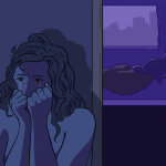 Woman weeping in the dark outside bedroom door while guy waits for her in bed
