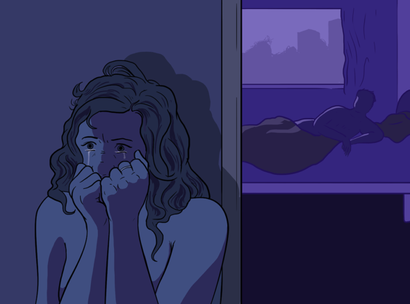 Woman weeping in the dark outside bedroom door while guy waits for her in bed
