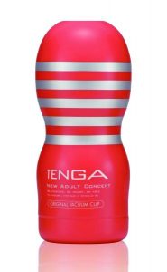 Red masturbation toy with white stripes and Tenga branding on it