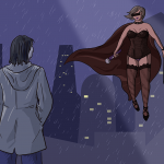 Woman stands on roof looking out over city, flying superhero girl on the net stares back at her