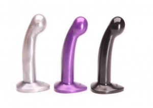 Three tantus sport dildos in silver, purple and black