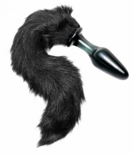 glass butt plug with black foxlike tail attached