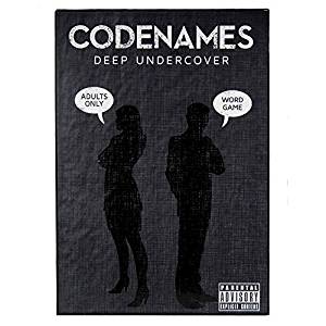 Cover image for board game 'codenames: deep undercover' which has two spies standing back to back and whispering