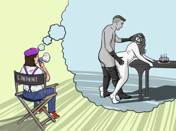 Girl on the Net sits in a director's chair directing her sex fantasies from a distance. The sex fantasy involves a woman getting shagged while wearing a ball gag and looking mournfully at a nearby cake