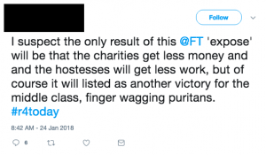 Tweet reads: I suspect the only result of this @FT 'expose' will be that the charities get less money and and the hostesses will get less work, but of course it will listed as another victory for the middle class, finger wagging puritans. #r4today