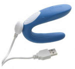 Image of a blue, 'c' shaped sex toy with white charger cable attached to the magnetic port