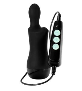 Picture of the Doxy Don which looks a little like a pub skittle, but black. It is attached by a wire to a small control unit with three white buttons