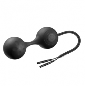 Image of two black kegel balls joined together in a black silicone case, there are electrodes sticking out of one end