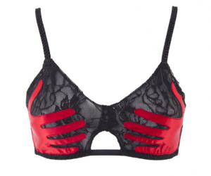 Black lace bra with bright red shiny hand prints sewn onto it